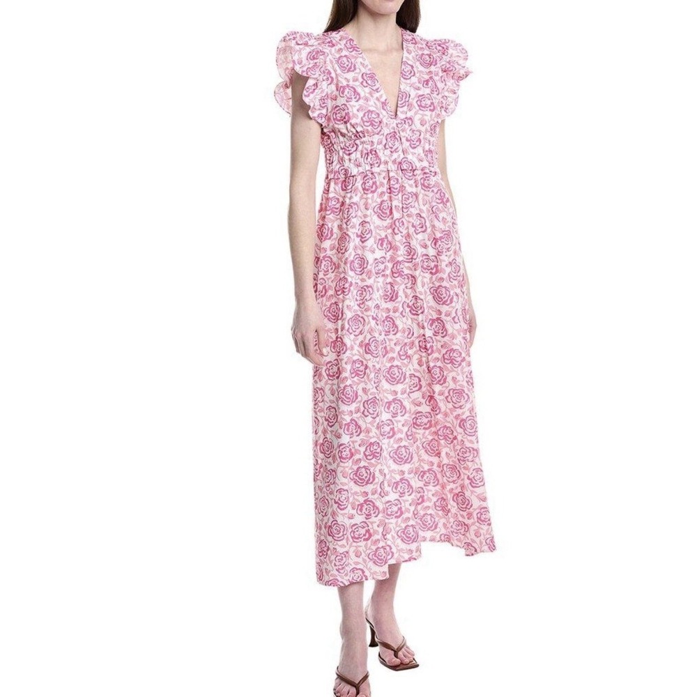 Sail to Sable Flutter Sleeve Maxi Dress Size ~Large Pink Rose Floral V Neck